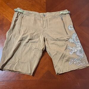 Vintage y2k 90s olive green Tan Dragon Embroidered dragon silk cargo Shorts Sz S